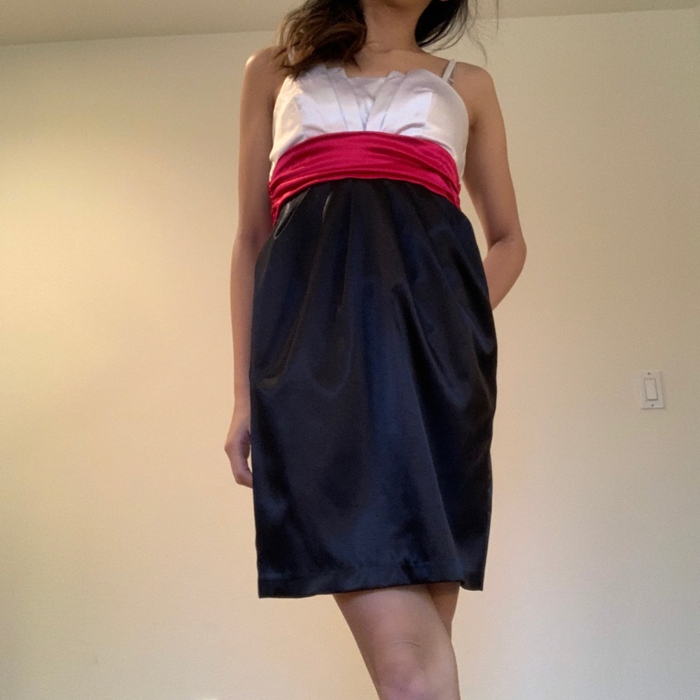Formal white pink and black satin dress